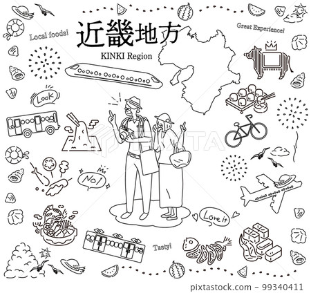 A senior couple enjoying summer gourmet sightseeing in the Kinki region of Japan, a set of icons (line drawing black and white) 99340411