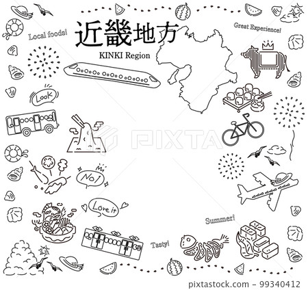 日本近畿地區的一組夏季美食旅遊圖標（黑白線描） 99340412