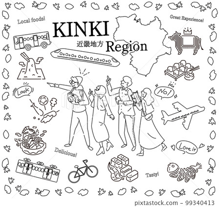 遊客在日本近畿地區享受秋季美食觀光，一組圖標（黑白線描） 99340413