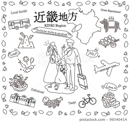 A family of three who enjoys autumn gourmet sightseeing in the Kinki region of Japan, a set of icons (line drawing black and white) 99340414