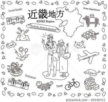 A senior couple enjoying autumn gourmet sightseeing in the Kinki region of Japan, a set of icons (line drawing black and white) A senior couple enjoying autumn gourmet sightseeing in the Kinki region of Japan, a set of icons (line drawing black and white) 99340415