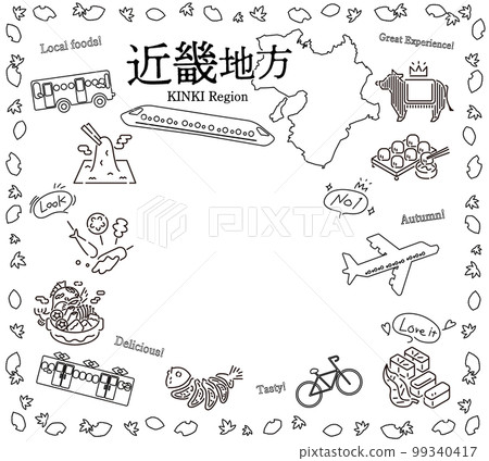 日本近畿地區的一組秋季美食旅遊圖標（黑白線描） 99340417