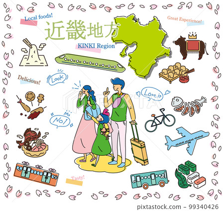 A family of three who enjoys spring gourmet sightseeing in the Kinki region of Japan, a set of icons (line drawing) 99340426