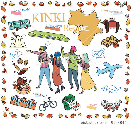Tourists enjoying autumn gourmet sightseeing in the Kinki region of Japan, set of icons (line drawing) 99340441