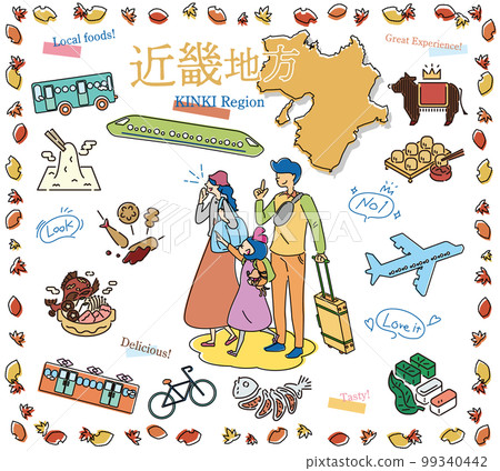 A family of three who enjoys autumn gourmet sightseeing in the Kinki region of Japan, a set of icons (line drawing) A family of three who enjoys autumn gourmet sightseeing in the Kinki region of Japan, a set of icons (line drawing) 99340442