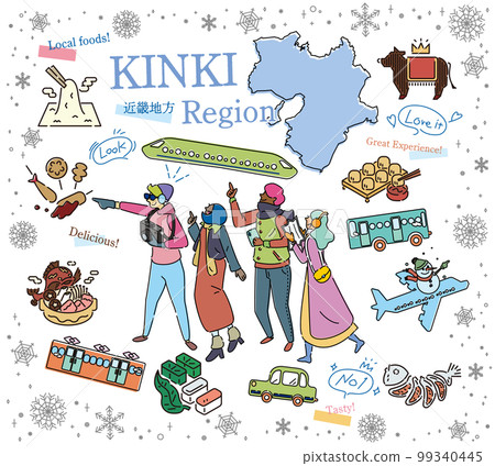 遊客在日本近畿地區享受冬季美食觀光,一組圖標(畫線) 遊客在日本近畿地區享受冬季美食觀光,一組圖標(畫線) 99340445