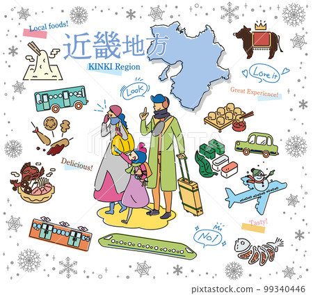 A family of three who enjoys winter gourmet sightseeing in the Kinki region of Japan, a set of icons (line drawing) 99340446