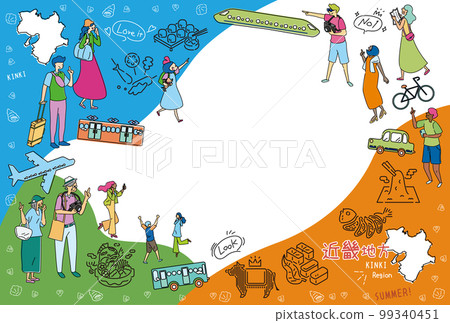 遊客在日本近畿地區享受夏季美食觀光,一組圖標(畫線) 遊客在日本近畿地區享受夏季美食觀光,一組圖標(畫線) 99340451