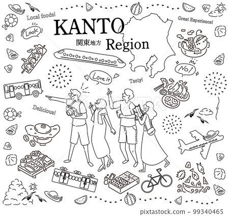 Tourists enjoying summer gourmet sightseeing in the Kanto region of Japan, a set of icons (line drawing black and white) 99340465