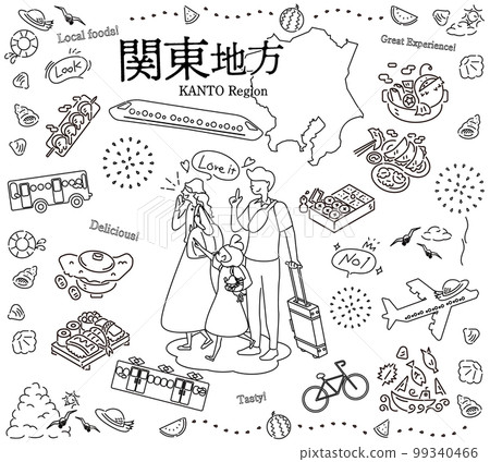A family of three who enjoys summer gourmet sightseeing in the Kanto region of Japan, a set of icons (line drawing black and white) A family of three who enjoys summer gourmet sightseeing in the Kanto region of Japan, a set of icons (line drawing black and white) 99340466