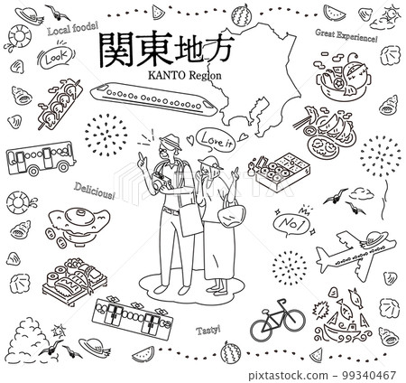 在日本關東地區享受夏季美食觀光的老年夫婦,圖標集(黑白線描) 在日本關東地區享受夏季美食觀光的老年夫婦,圖標集(黑白線描) 99340467