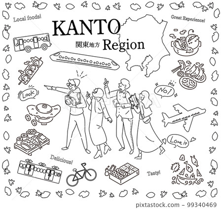 Tourists enjoying autumn gourmet sightseeing in the Kanto region of Japan, a set of icons (line drawing black and white) 99340469