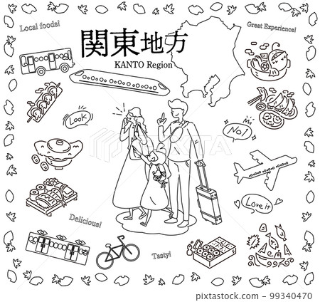 A family of three who enjoys autumn gourmet sightseeing in the Kanto region of Japan, a set of icons (line drawing black and white) A family of three who enjoys autumn gourmet sightseeing in the Kanto region of Japan, a set of icons (line drawing black and white) 99340470