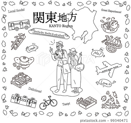 Senior couple enjoying autumn gourmet sightseeing in the Kanto region of Japan, icon set (line drawing black and white) 99340471