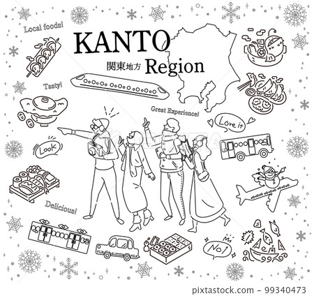 Tourists enjoying winter gourmet sightseeing in the Kanto region of Japan, a set of icons (line drawing black and white) 99340473