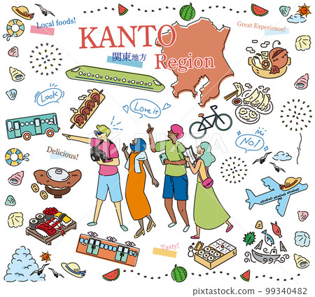 Tourists enjoying summer gourmet sightseeing in the Kanto region of Japan, set of icons (line drawing) 99340482