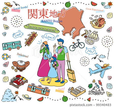 A family of three enjoying summer gourmet sightseeing in the Kanto region of Japan, a set of icons (line drawing) 99340483