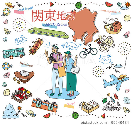 Senior couple enjoying summer gourmet sightseeing in the Kanto region of Japan, icon set (line drawing) 99340484