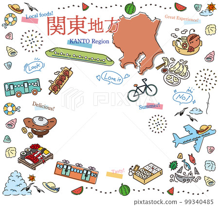 Set of summer gourmet tourism icons in the Kanto region of Japan (line drawing) Set of summer gourmet tourism icons in the Kanto region of Japan (line drawing) 99340485