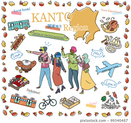 Tourists enjoying autumn gourmet sightseeing in the Kanto region of Japan, set of icons (line drawing) 99340487