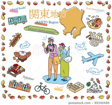 Senior couple enjoying autumn gourmet sightseeing in the Kanto region of Japan, icon set (line drawing) Senior couple enjoying autumn gourmet sightseeing in the Kanto region of Japan, icon set (line drawing) 99340490