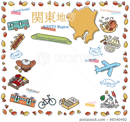 Set of autumn gourmet tourism icons in the Kanto region of Japan (line drawing) 99340492