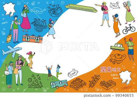 Tourists enjoying summer gourmet sightseeing in the Kanto region of Japan, set of icons (line drawing) Tourists enjoying summer gourmet sightseeing in the Kanto region of Japan, set of icons (line drawing) 99340655
