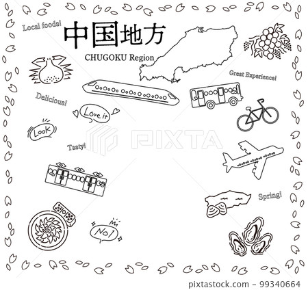 日本中國地區的一組春季美食旅遊圖標（黑白線描） 99340664