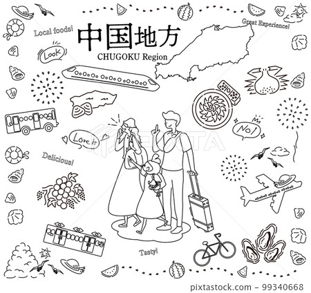 A family of three who enjoys summer gourmet sightseeing in the Chugoku region of Japan, a set of icons (line drawing black and white) A family of three who enjoys summer gourmet sightseeing in the Chugoku region of Japan, a set of icons (line drawing black and white) 99340668
