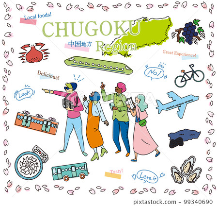 Tourists enjoying spring gourmet sightseeing in the Chugoku region of Japan, a set of icons (line drawing) 99340690