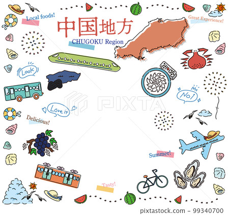 A set of summer gourmet tourism icons in the Chugoku region of Japan (line drawing) 99340700