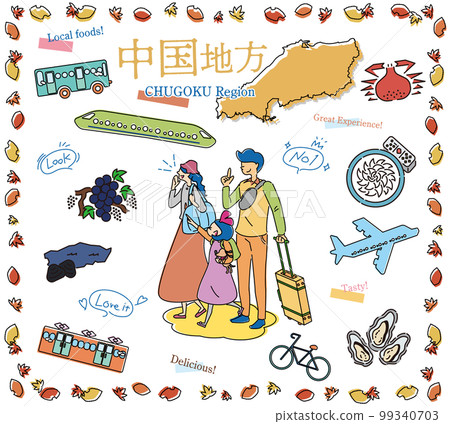 A family of three who enjoys autumn gourmet sightseeing in the Chugoku region of Japan, a set of icons (line drawing) 99340703
