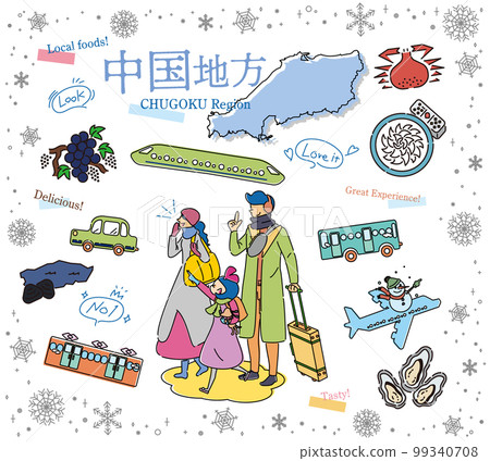 A family of three who enjoys winter gourmet sightseeing in the Chugoku region of Japan, a set of icons (line drawing) 99340708