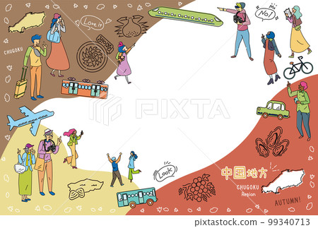 Tourists enjoying autumn gourmet sightseeing in the Chugoku region of Japan, a set of icons (line drawing) 99340713