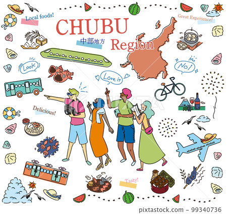遊客在日本中部地區享受夏季美食觀光,一組圖標(畫線) 遊客在日本中部地區享受夏季美食觀光,一組圖標(畫線) 99340736