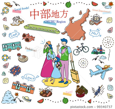 在日本中部地區享受夏季美食觀光的一家三口，一組圖標（畫線） 99340737