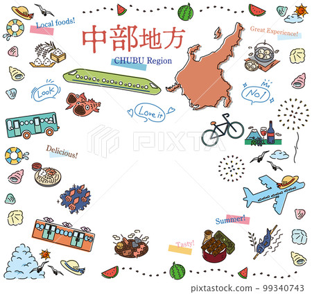 A set of summer gourmet tourism icons in the Chubu region of Japan (line drawing) 99340743