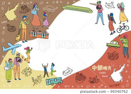 Tourists enjoying autumn gourmet sightseeing in the Chubu region of Japan, set of icons (line drawing) 99340762