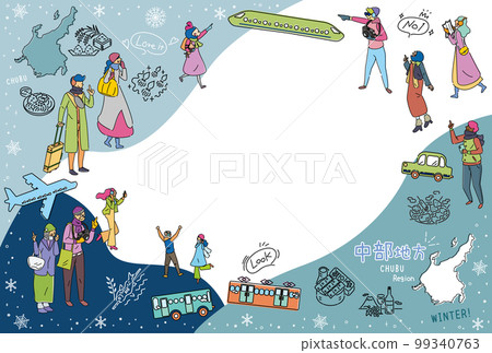 Tourists enjoying winter gourmet sightseeing in the Chubu region of Japan, set of icons (line drawing) 99340763