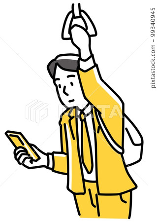 A man commuting while looking at his smartphone A man commuting while looking at his smartphone 99340945