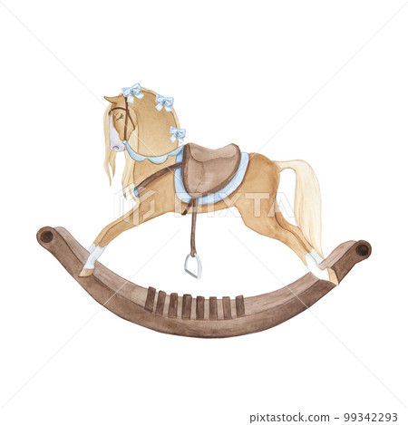 Watercolor illustration of vintage cute fairy tale children's toy rocking horse with bows, isolated 99342293