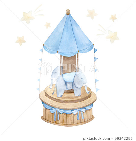 Watercolor illustration of vintage cute fairy tale children's toy carousel with elephants, stars, clouds, isolated 99342295