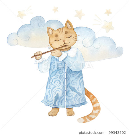 Watercolor illustration of vintage cute fairy tale cat with a flute, isolated Watercolor illustration of vintage cute fairy tale cat with a flute, isolated 99342302