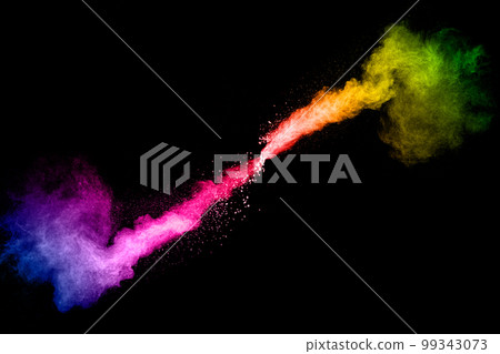Colorful dust particles textured background.Pastel color powder explosion on black background. 99343073