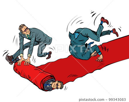A businessman is rolling down the red carpet carpet of a movie premiere. embarrassment funny fall 99343083
