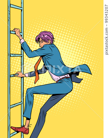 A man in a suit climbs or descends a ladder. Career ladder requires work and effort. Striving to reach your goal. Pop Art Retro A man in a suit climbs or descends a ladder. Career ladder requires work and effort. Striving to reach your goal. Pop Art Retro 99343207