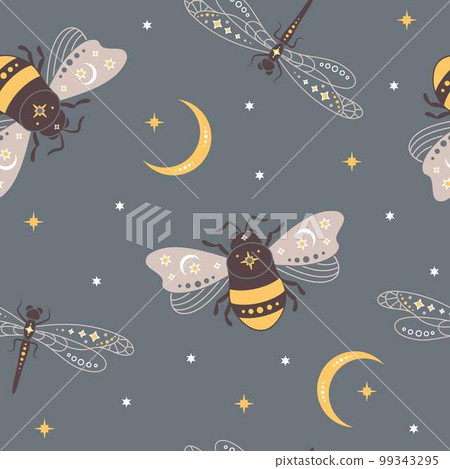 Magic bohemian seamless pattern with mystical bees and dragonflies. Celestial insects with moon and stars. Magic bohemian seamless pattern with mystical bees and dragonflies. Celestial insects with moon and stars. 99343295