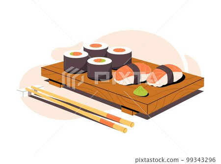 Vector illustration of sushi and sashimi. Asian food sushi on wooden board with sushi 99343296
