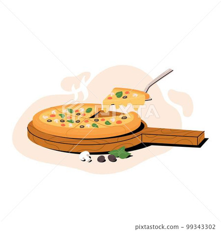 Italian pizza with slice on knife. Pizza with champignon mushrooms, cherry tomatoes, olives, basil and cheese 99343302