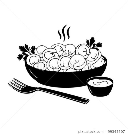 Russian pelmeni. Meat dumplings on plate with sour cream and sprig of parsley, fork. Food. 99343307